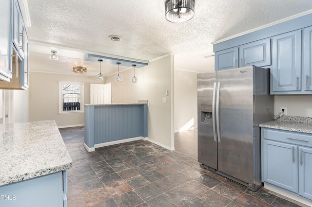 kitchen featuring crown molding, pendant lighting, stainless steel refrigerator with ice dispenser, and blue cabinets