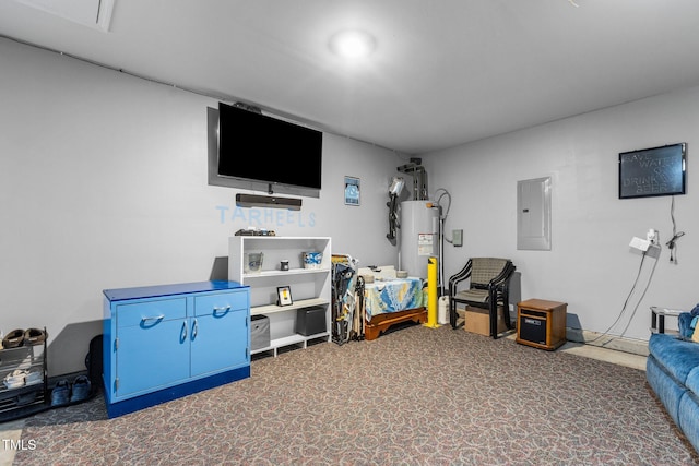 rec room with electric panel, water heater, and dark colored carpet