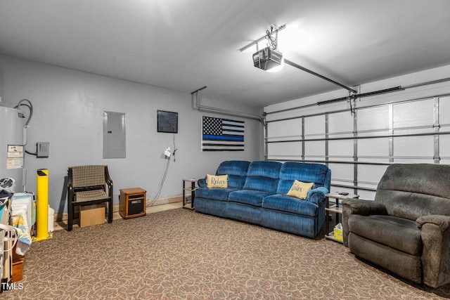 garage featuring electric panel, electric water heater, and a garage door opener