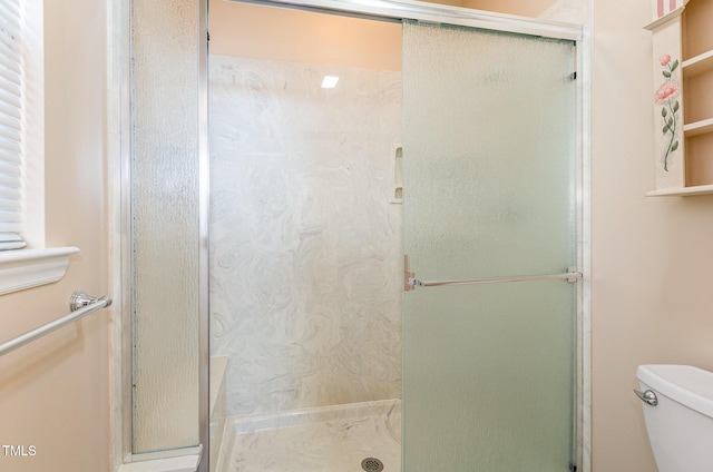 bathroom with toilet and an enclosed shower