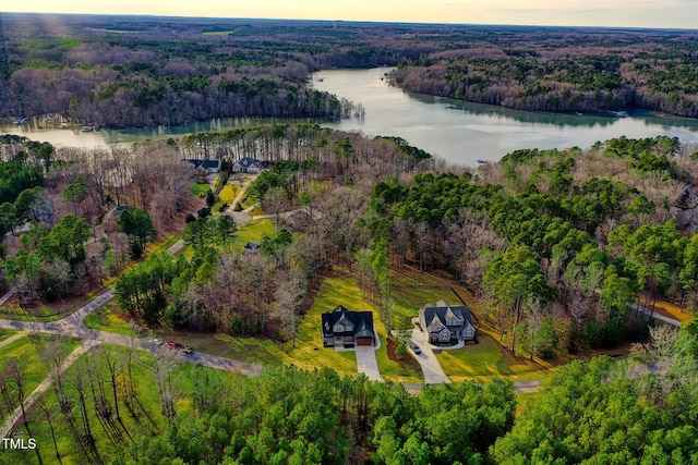 aerial view at dusk featuring a water view and a view of trees