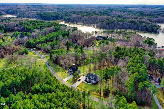 birds eye view of property featuring a water view and a view of trees