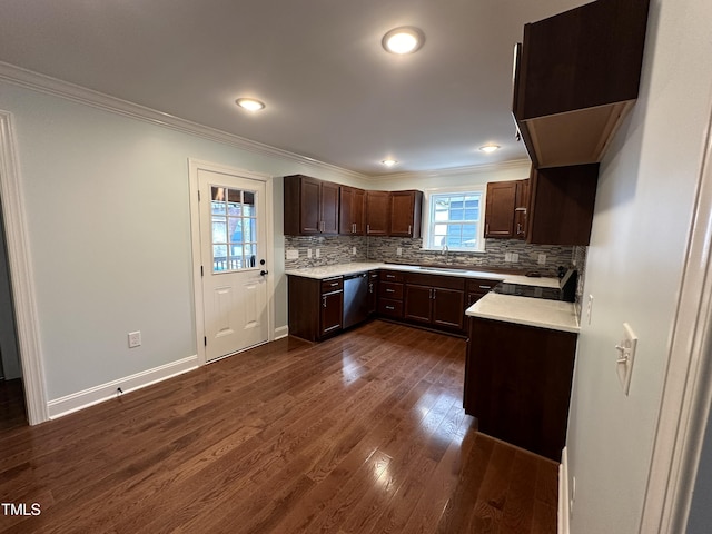 kitchen with sink, tasteful backsplash, crown molding, dark brown cabinets, and dishwasher