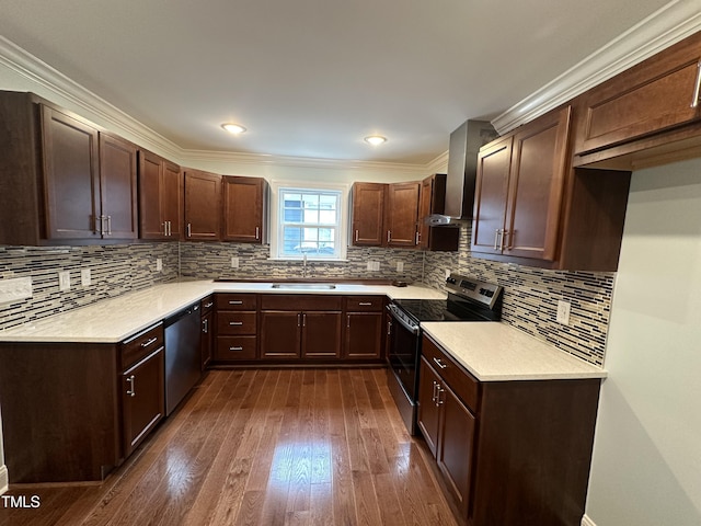 kitchen with sink, wall chimney range hood, stainless steel appliances, ornamental molding, and dark hardwood / wood-style flooring