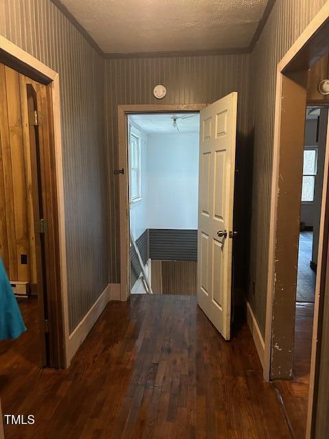 corridor with dark hardwood / wood-style flooring and a textured ceiling