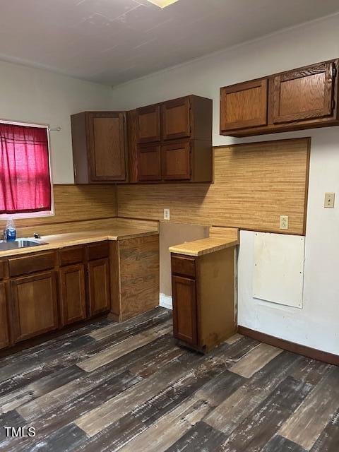 kitchen with dark hardwood / wood-style flooring, tasteful backsplash, and sink