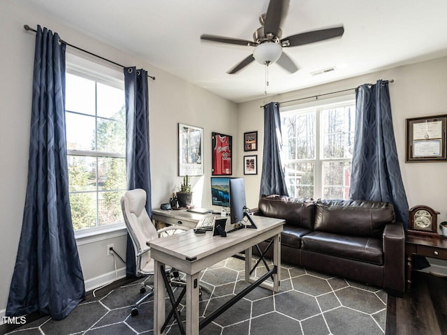 office area featuring dark hardwood / wood-style floors, plenty of natural light, and ceiling fan