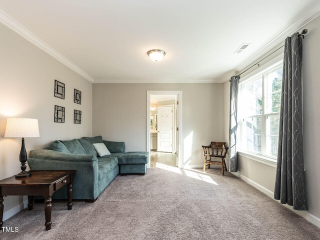 carpeted living room featuring ornamental molding