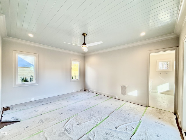 unfurnished room featuring wooden ceiling, crown molding, and ceiling fan