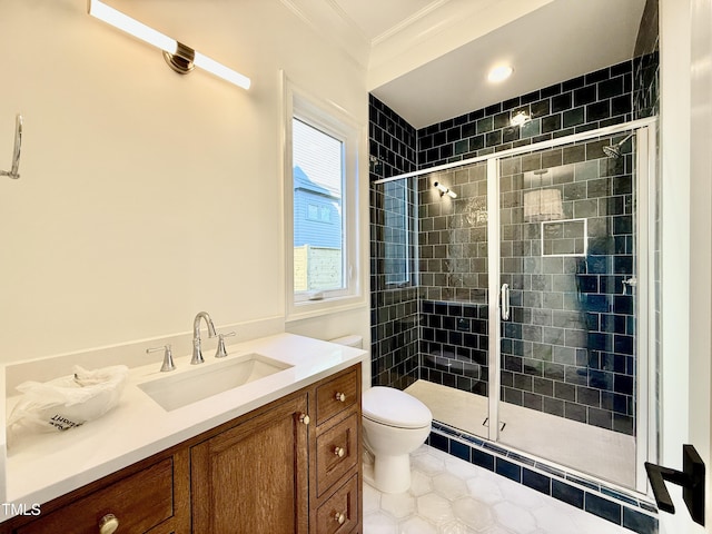 bathroom with toilet, walk in shower, tile patterned floors, ornamental molding, and vanity