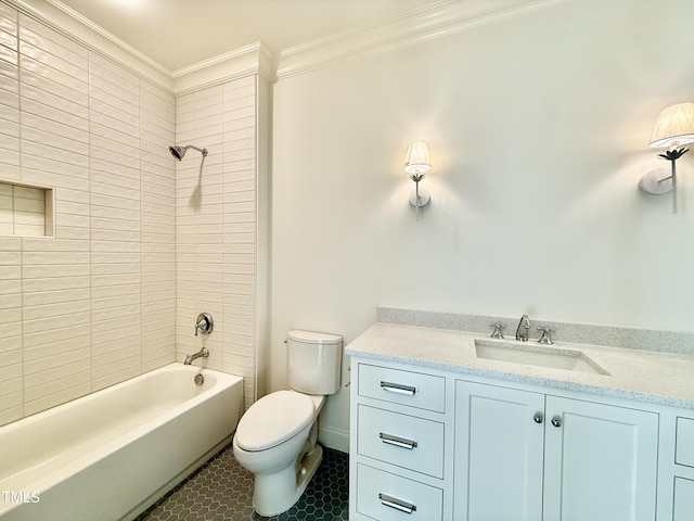 full bathroom with tile patterned flooring, toilet, tiled shower / bath, vanity, and crown molding