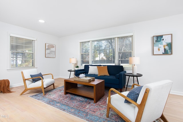 living room with a healthy amount of sunlight and light hardwood / wood-style floors