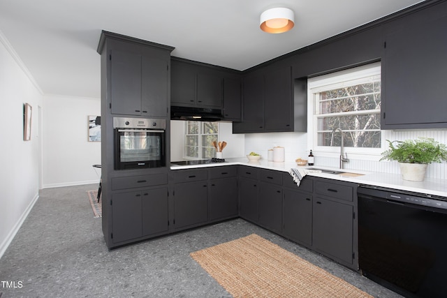 kitchen featuring stainless steel oven, sink, crown molding, black dishwasher, and white cooktop