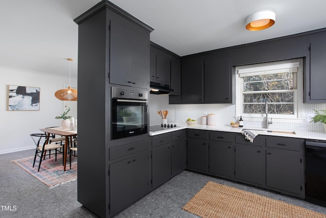 kitchen featuring ornamental molding, stainless steel oven, sink, electric stovetop, and black dishwasher