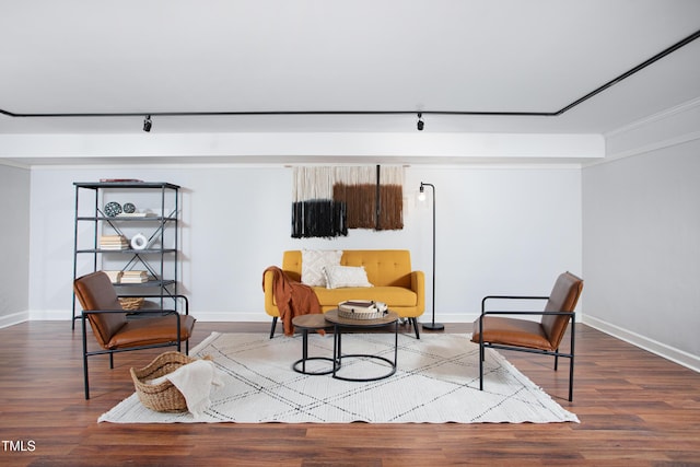 sitting room featuring hardwood / wood-style floors and track lighting