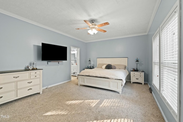 carpeted bedroom featuring ceiling fan, a textured ceiling, and ornamental molding