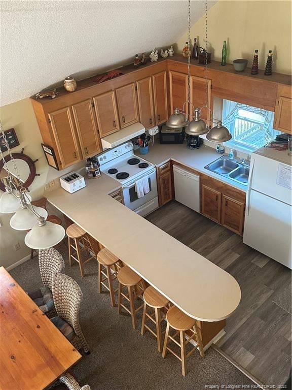 kitchen with white appliances, exhaust hood, sink, a textured ceiling, and dark hardwood / wood-style flooring