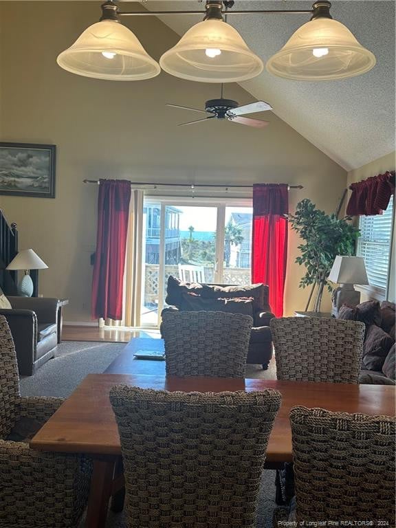 living room with ceiling fan, lofted ceiling, and a textured ceiling