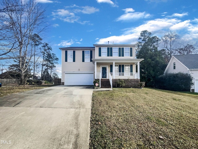 view of front of property with covered porch, a garage, and a front lawn