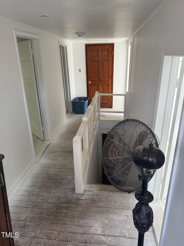 corridor with hardwood / wood-style floors and crown molding