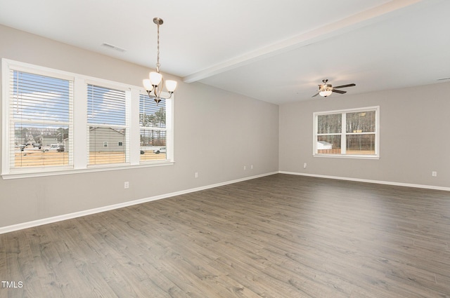 unfurnished room with wood-type flooring, ceiling fan with notable chandelier, and beam ceiling