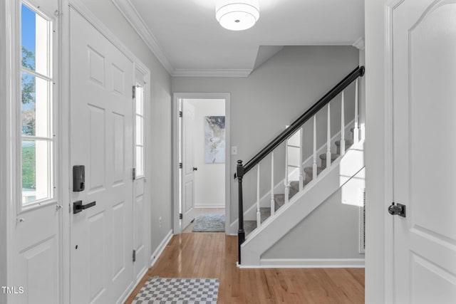 foyer featuring crown molding, plenty of natural light, and light wood-type flooring