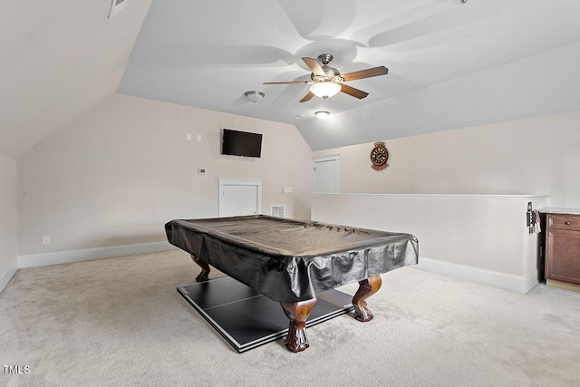 game room featuring vaulted ceiling, baseboards, billiards, and light colored carpet