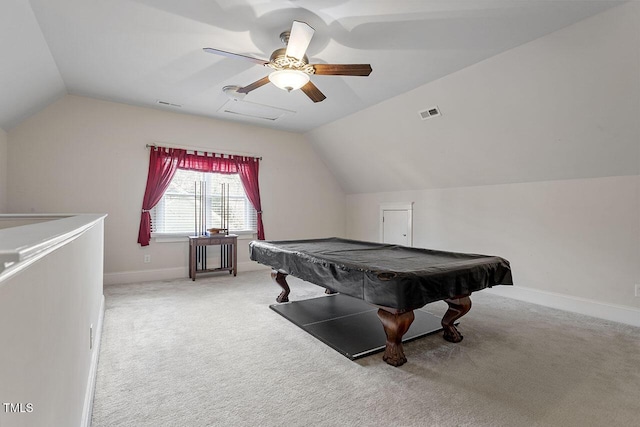 recreation room with visible vents, baseboards, light colored carpet, pool table, and vaulted ceiling