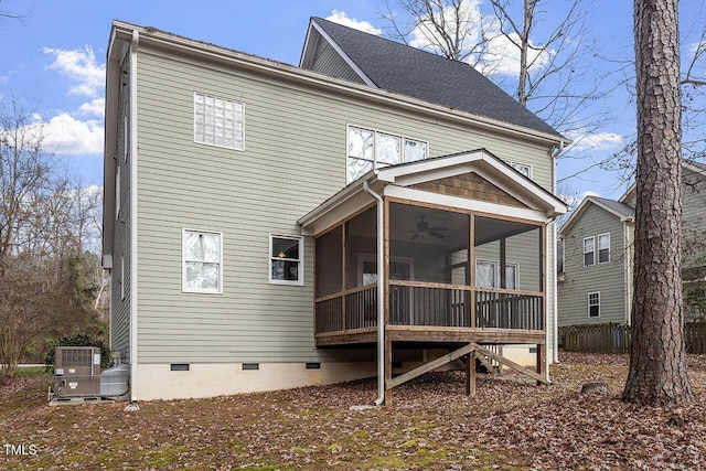 rear view of house with crawl space, a sunroom, ceiling fan, and cooling unit