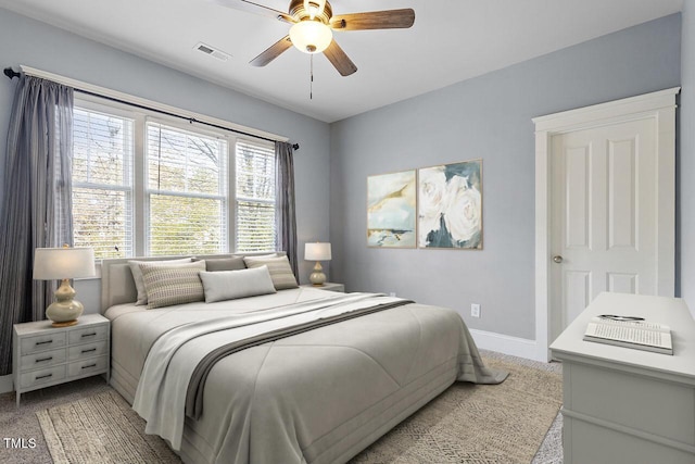 bedroom featuring visible vents, ceiling fan, and baseboards