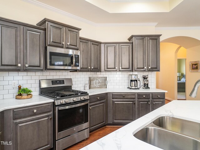 kitchen featuring backsplash, crown molding, sink, and stainless steel appliances