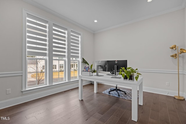 office area featuring ornamental molding and dark wood-type flooring