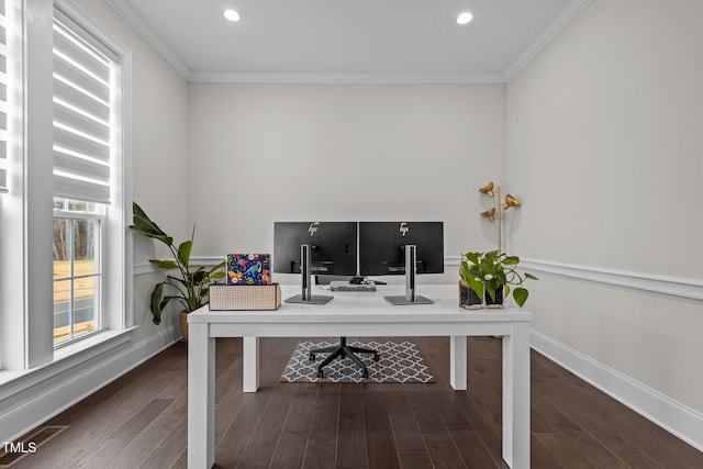 office space with dark hardwood / wood-style floors and crown molding