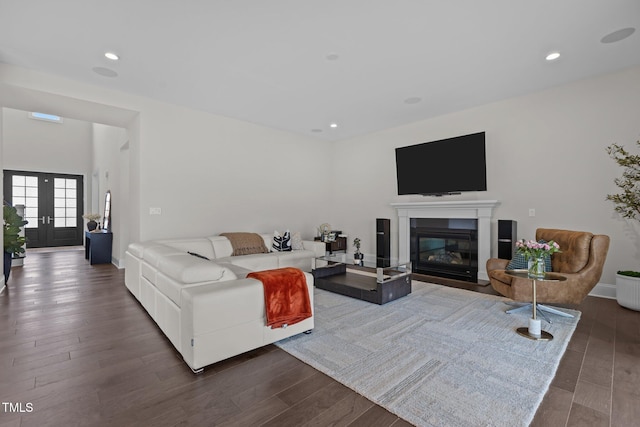 living room featuring french doors and dark wood-type flooring