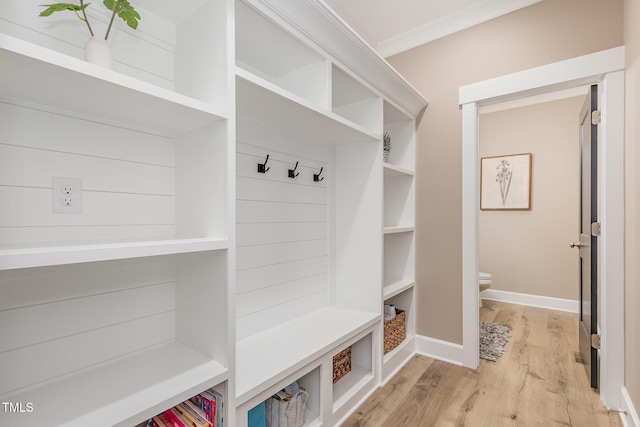 mudroom with ornamental molding and light hardwood / wood-style floors