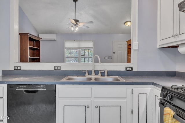 kitchen featuring a textured ceiling, a wall unit AC, sink, black appliances, and white cabinets