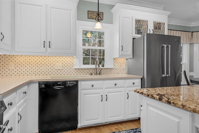 4027 Green Forest Ct, Rocky Mount, NC 27804 - kitchen featuring white cabinets, sink, black dishwasher, high quality fridge, and tasteful backsplash