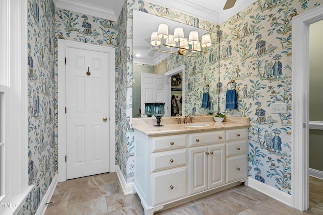 4027 Green Forest Ct, Rocky Mount, NC 27804 - bathroom with vanity, ornamental molding, and a notable chandelier