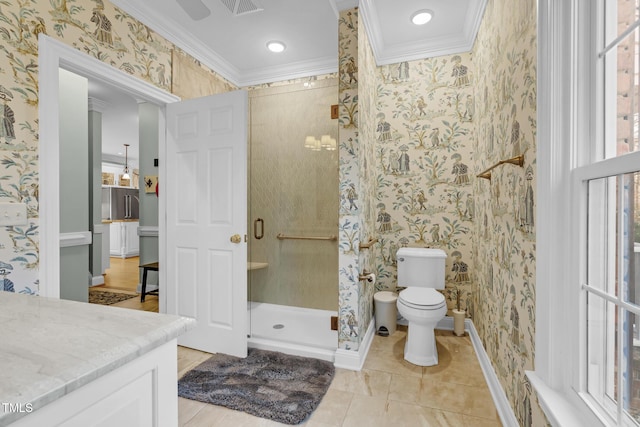 4027 Green Forest Ct, Rocky Mount, NC 27804 - bathroom featuring toilet, vanity, a shower with shower door, and ornamental molding