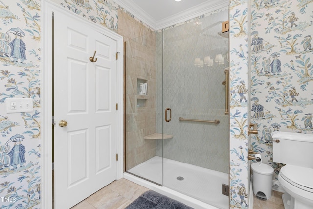 4027 Green Forest Ct, Rocky Mount, NC 27804 - bathroom with tile patterned floors, toilet, an enclosed shower, and crown molding