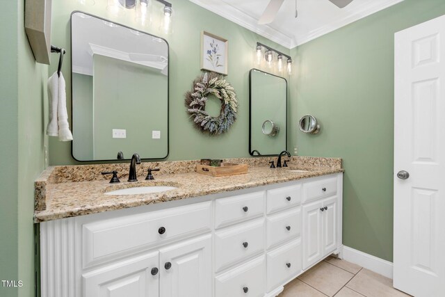 4027 Green Forest Ct, Rocky Mount, NC 27804 - bathroom featuring vanity, tile patterned floors, ceiling fan, and ornamental molding