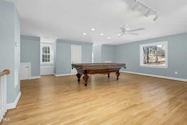 4027 Green Forest Ct, Rocky Mount, NC 27804 - recreation room with ceiling fan, light hardwood / wood-style flooring, billiards, and track lighting