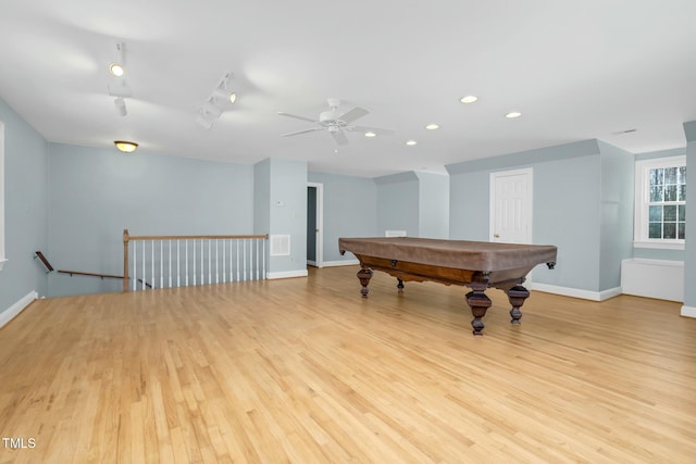 4027 Green Forest Ct, Rocky Mount, NC 27804 - game room with rail lighting, light hardwood / wood-style floors, ceiling fan, and pool table