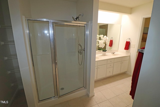 bathroom with tile patterned floors, vanity, and an enclosed shower