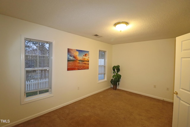 empty room with carpet flooring and a textured ceiling