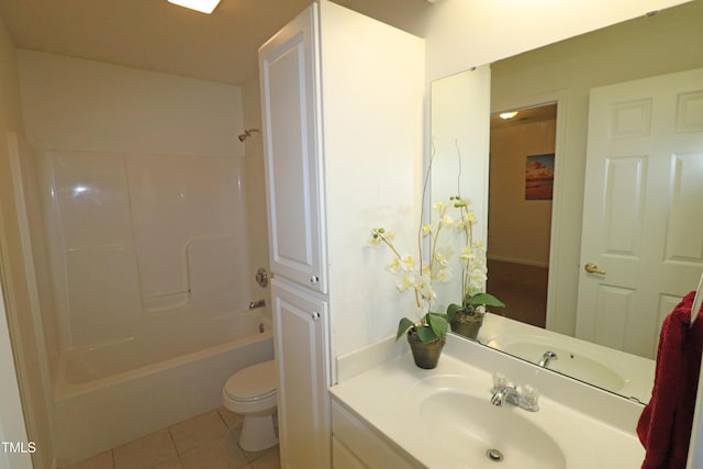 full bathroom with shower / washtub combination, tile patterned flooring, vanity, and toilet