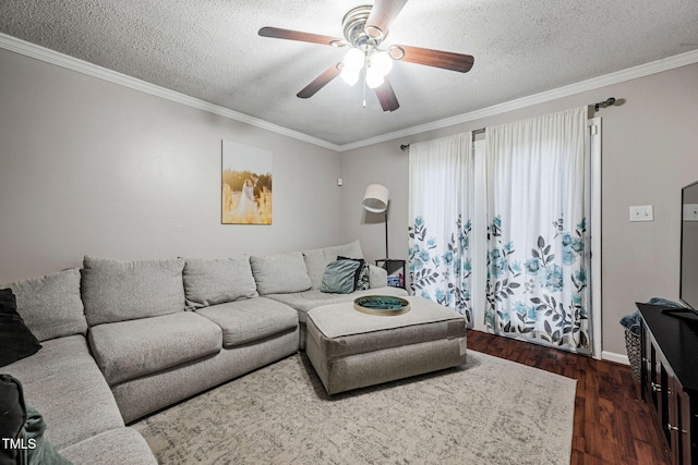 living room featuring crown molding, dark hardwood / wood-style flooring, ceiling fan, and a textured ceiling