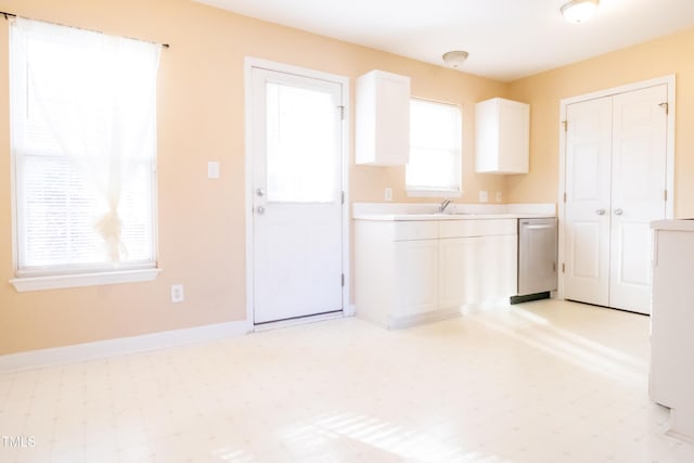 kitchen with white cabinets, dishwasher, and sink