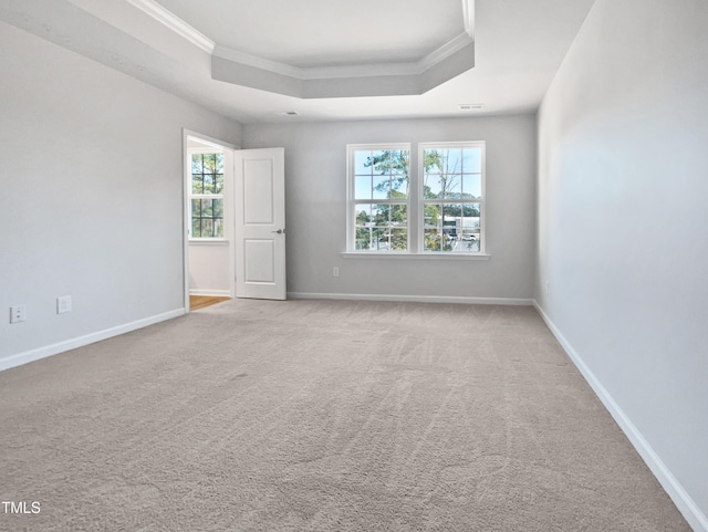 carpeted empty room with a tray ceiling and crown molding