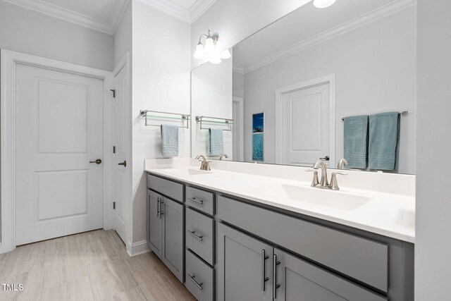 bathroom featuring wood-type flooring, vanity, and ornamental molding